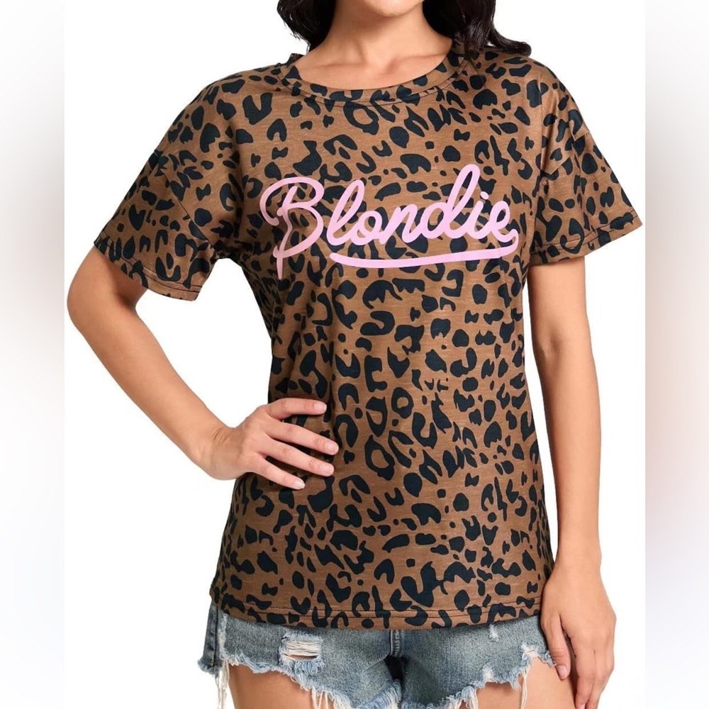 Women T-shirt summer leopard graphic print short sleeves loose top size XL